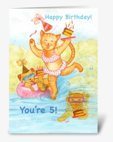 Cat In Pool Five Year Old Birthday Greeting Card - Cartoon, HD Png Download, Transparent PNG