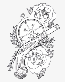Roses And Pistol Pistol Drawing, Pistol Tattoos, Farmer - Coloring Pages For Adults Tattoo, HD Png Download, Transparent PNG