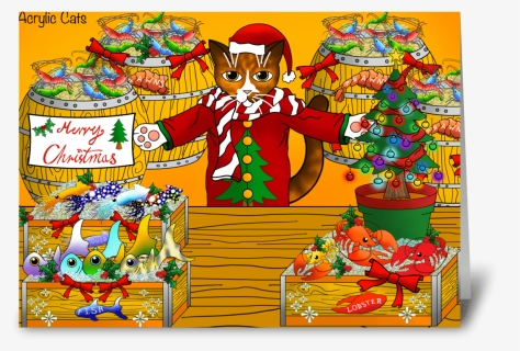 Christmas Fish Market Stall Cat Greeting Card - Cartoon, HD Png Download, Transparent PNG