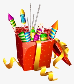 Red Present With Fireworks - Diwali Crackers Images Png, Transparent Png, Transparent PNG