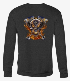 Crewneck Sweatshirt Flaming Pistons Racing Skull Iron - Long-sleeved T-shirt, HD Png Download, Transparent PNG