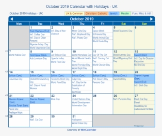 October 2019 Calendar With Uk Holidays To Print - Holiday October 2019 Calendar, HD Png Download, Transparent PNG