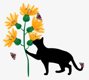 Cat With Sunflowers And Butterflies Nature Png Transparent - Couple Silhouette With Cat, Png Download, Transparent PNG