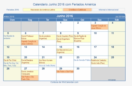 Calendário Latino-americano Junho 2016 Em Formato De - April 2013 Holiday Calendar, HD Png Download, Transparent PNG