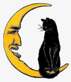 Transparent Vintage Halloween Cat Clipart - Vintage Crescent Moon Art, HD Png Download, Transparent PNG
