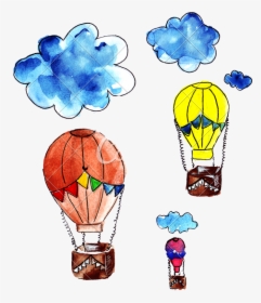 Hand Drawing Of Watercolor Clouds And Flying Balloons - Hot Air Balloon, HD Png Download, Transparent PNG