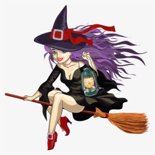 Broom,witch Character,hat,costume Hat,costume Hair - Cute Witch Riding A Broom, HD Png Download, Transparent PNG