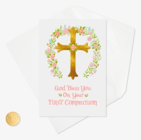 Gold Cross And Pink Flower Wreath First Communion Card - Gold Cross With Flowers, HD Png Download, Transparent PNG