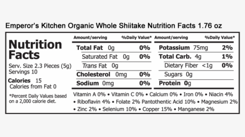 Emperor S Kitchen Organic Whole Shiitake Mushrooms - Nutrition Facts, HD Png Download, Transparent PNG