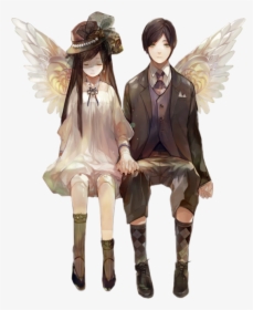 #anime #couple #wings #angels #female #male #sitting - Anime Male Angel Png, Transparent Png, Transparent PNG